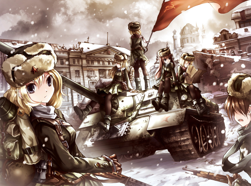 blonde_hair brown_hair building debris flag fur_hat grey_eyes gun hammer_and_sickle hat highres m38_mosin_nagant map military military_uniform military_vehicle mosin-nagant multiple_girls rifle scarf skirt soviet soviet_flag soviet_union st06 svt-40 tagme tank uniform ushanka ussr vehicle war weapon world_war_ii