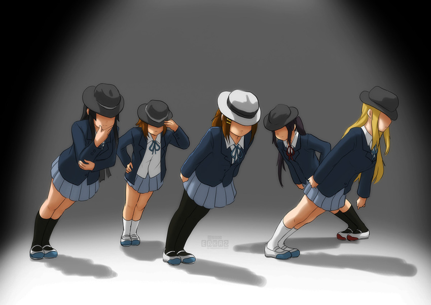 5girls akiyama_mio erkaz hat hirasawa_yui k-on! kotobuki_tsumugi leaning multiple_girls pantyhose parody school_uniform smooth_criminal tainaka_ritsu