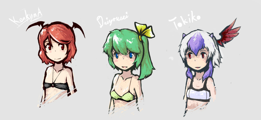 3girls :d alternate_costume alternate_hair_length alternate_hairstyle bat_wings bikini blue_eyes blush bow breasts character_name cleavage collarbone daiyousei feathers flat_chest green_hair grey_background hair_bow head_wings horns koakuma light_smile looking_at_another looking_at_viewer multicolored_hair multiple_girls o-ring_top open_mouth payot purple_hair red_eyes red_wings redhead short_hair side_ponytail single_wing smile sports_bra swimsuit tokiko_(touhou) touhou tren two-tone_hair white_hair wings