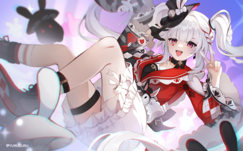 1girl arms_up artist_name belt black_belt black_choker black_gloves black_hat black_shoes black_sleeves blue_background blue_bow blush bow bow_legwear braid braided_sidelock breasts butterfly-shaped_pupils choker clothing_cutout club_(shape) collar commentary diamond_(shape) diamond_facial_mark diamond_on_cheek double_v facial_mark frilled_bow frilled_collar frilled_skirt frilled_sleeves frills gloves gradient_eyes grey_hair hair_intakes hands_up hat hat_bow hat_ornament heart heart_facial_mark heart_on_cheek highres honkai:_star_rail honkai_(series) laughing long_hair long_sleeves looking_at_viewer lying mark_under_both_eyes mini_hat mini_top_hat multicolored_eyes multicolored_hair open_mouth pink_background pink_eyes plaid_clothes plaid_sleeves poker purple_background rabbit_ear_headwear rabbit_hat_ornament red_eyes red_hair red_ribbon red_sleeves ribbon sailor_collar semi-rimless_eyewear shoe_soles shoes shoulder_cutout single_glove skirt smile socks solo spade_(shape) sparkle_(honkai:_star_rail) sparxie_(honkai:_star_rail) streaked_hair supplicant_mask symbol-shaped_pupils teeth thigh_strap thumbs_up thumbs_up_emoji top_hat twintails upper_teeth_only v very_long_hair white_hair white_skirt white_socks wide_sleeves yuruzuru
