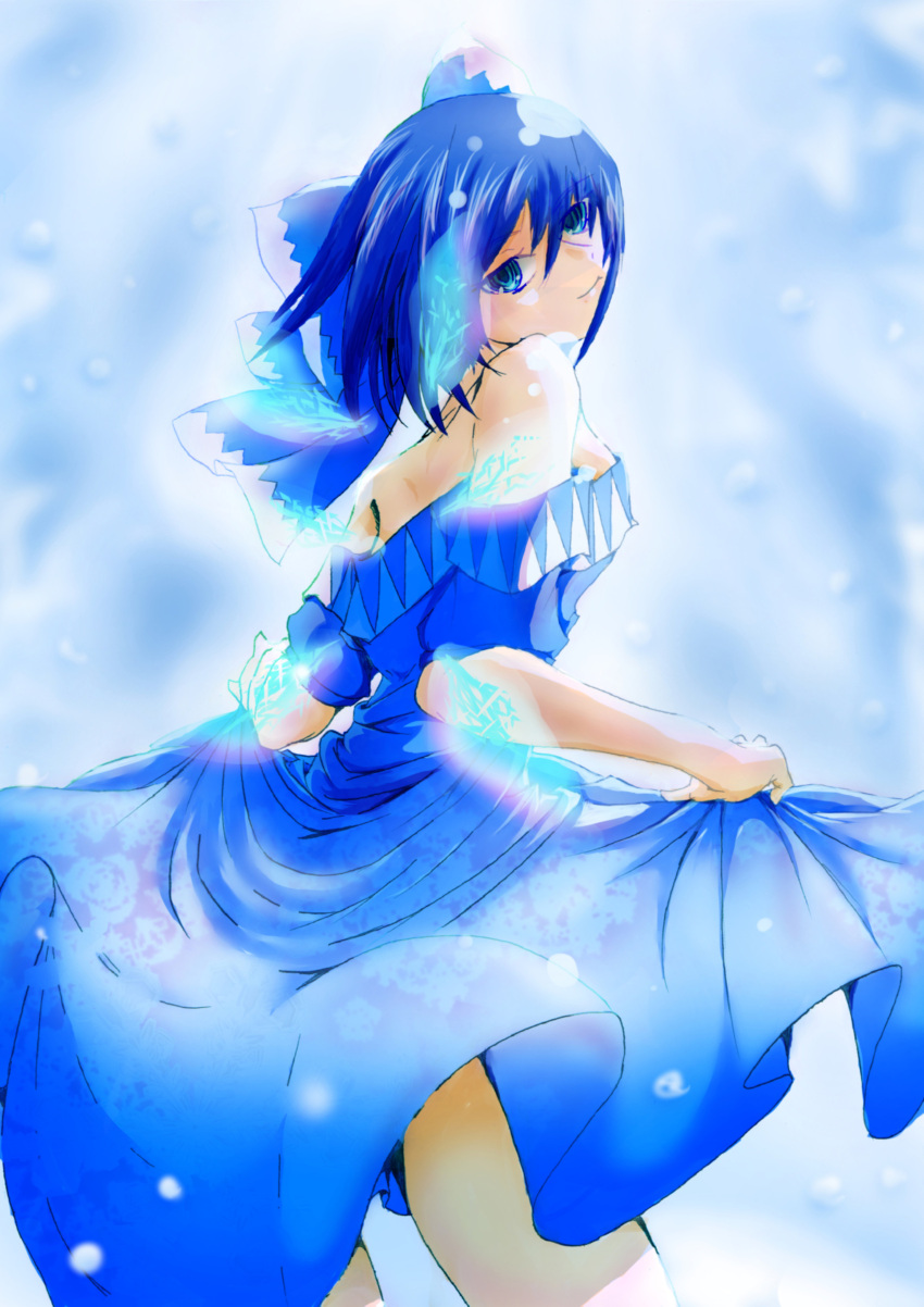 1girl absurdres bare_shoulders blue_background blue_eyes blue_hair bow breasts cirno dress gradient gradient_background hair_bow highres looking_at_viewer looking_over_shoulder mr._pepe_r older short_hair sideboob skirt_hold smile solo strapless_dress touhou wings