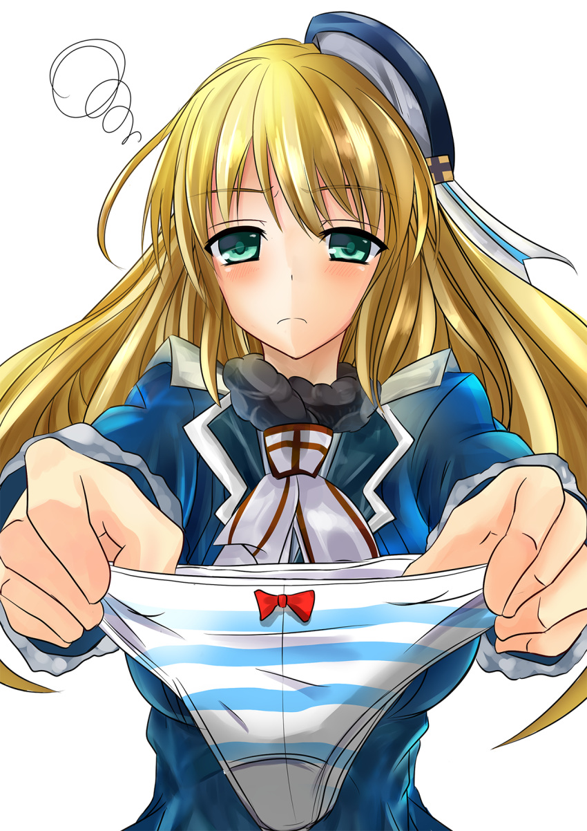 1girl atago_(kantai_collection) blonde_hair bow bow_panties frown green_eyes hat highres holding holding_panties kantai_collection military military_uniform panties personification seuma solo striped striped_panties underwear uniform