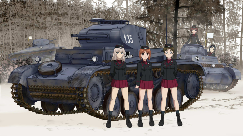 5girls akaboshi_koume black_hair blue_eyes boots brown_eyes brown_hair caterpillar_tracks flag forest fumizuki_hajime garrison_cap girls_und_panzer glasses hat itsumi_erika long_hair looking_at_viewer military military_uniform military_vehicle multiple_girls nature nishizumi_miho panzerkampfwagen_i panzerkampfwagen_ii ritaiko school_uniform short_hair silver_hair skirt smile snow tank tree uniform vehicle white_flag