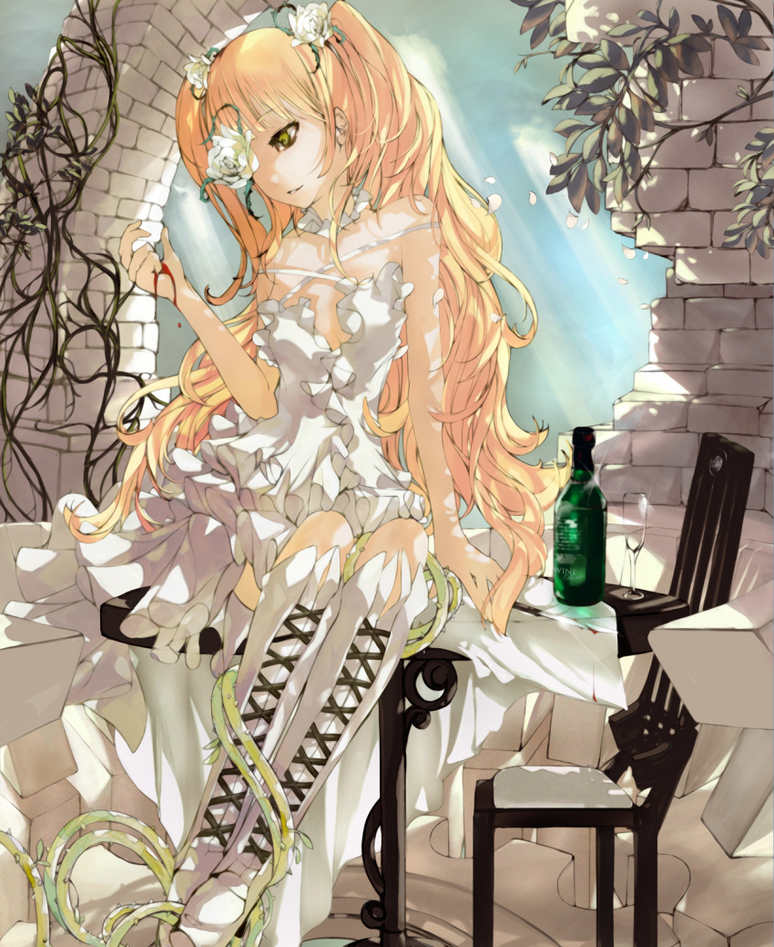 1girl bare_arms bare_shoulders blonde_hair blood bloody_hands bloody_knife boots chair cross-laced_footwear cup dress entangled eyepatch flower hair_flower hair_ornament highres kirakishou knee_boots lolita_fashion long_hair nyami overgrown rose rozen_maiden sitting sleeveless sleeveless_dress solo table twintails very_long_hair vines wall white_boots white_dress white_rose wine_bottle wine_glass yellow_eyes
