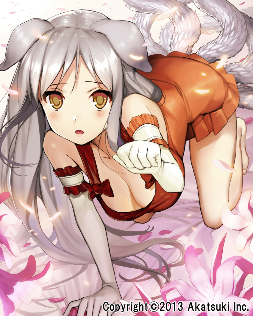 1girl absurdres akatsuki_(company) all_fours animal_ears barefoot breasts cleavage dog_ears dress elbow_gloves flower gloves highres makai_touitsu_chaos_blade matsui_hiroaki multiple_tails orange_dress paw_pose silver_hair solo tail white_gloves