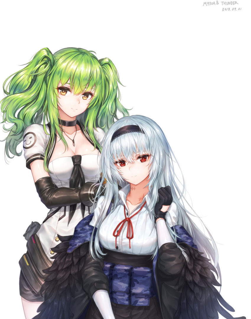 2girls angs baek_hyang bangs black_gloves black_hairband black_jacket black_neckwear black_shorts black_skirt blush breasts camouflage_print character_name choker closed_mouth collarbone collared_shirt dated elbow_gloves feather-trimmed_jacket girls_frontline gloves green_hair hair_between_eyes hairband hand_on_another's_shoulder hand_up head_tilt highres jacket jewelry long_hair long_sleeves looking_at_viewer m950a_(girls_frontline) medium_breasts multiple_girls neck_ribbon neck_scar neckerchief necklace off_shoulder pouch red_eyes red_ribbon ribbon shirt shorts sidelocks simple_background sitting skirt smile thighs twintails white_background yellow_eyes