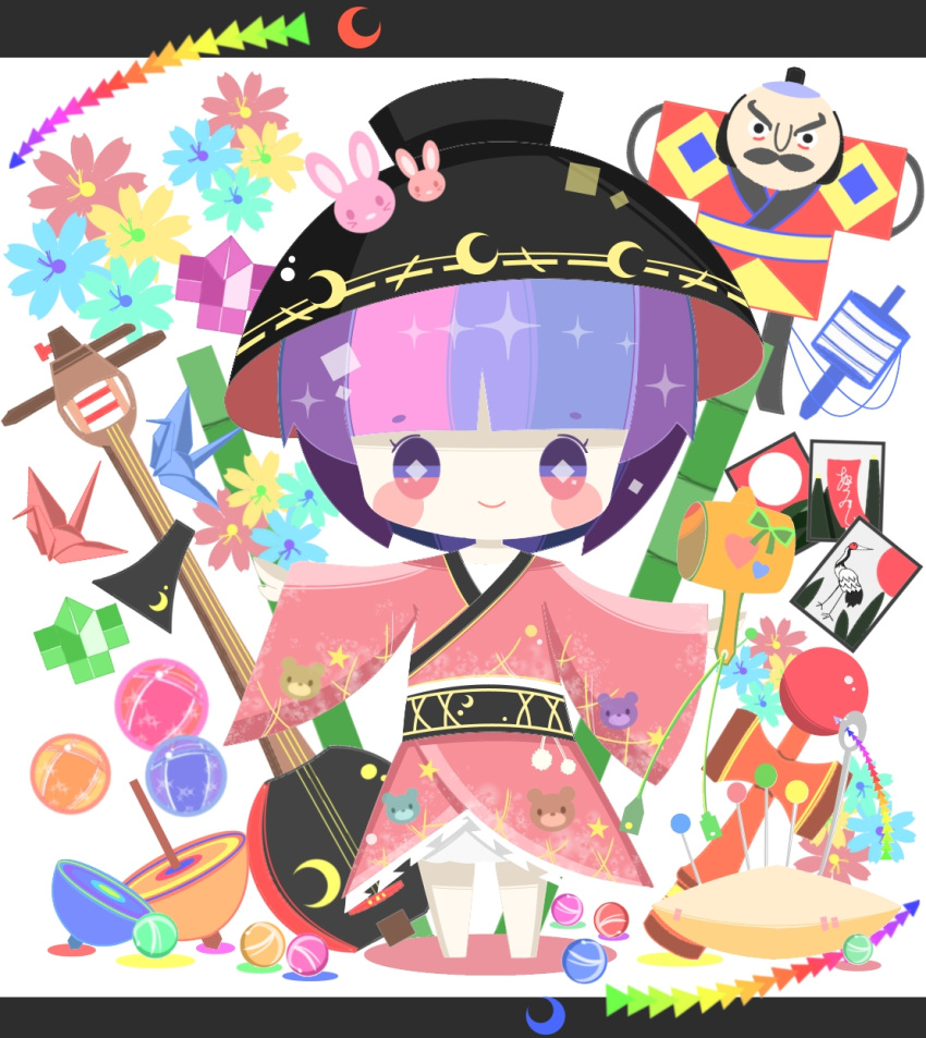 1girl bowl flower hammer highres musical_instrument purple_hair remedei short_hair smile sukuna_shinmyoumaru touhou violet_eyes