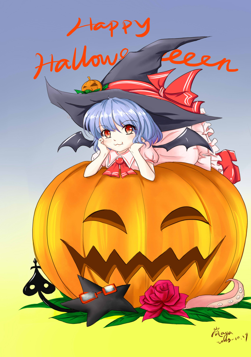 1girl :3 absurdres alternate_headwear arashi_aya arm_support ascot bat_wings blue_hair dated fang flower glasses gradient gradient_background halloween happy_halloween hat hat_ornament hat_ribbon head_rest highres jack-o'-lantern laevatein leaf looking_at_viewer lying on_stomach pink_rose platform_footwear puffy_short_sleeves puffy_sleeves red_eyes remilia_scarlet ribbon rose short_hair short_sleeves signature skirt skirt_set slit_pupils solo star tentacles touhou wings witch_hat