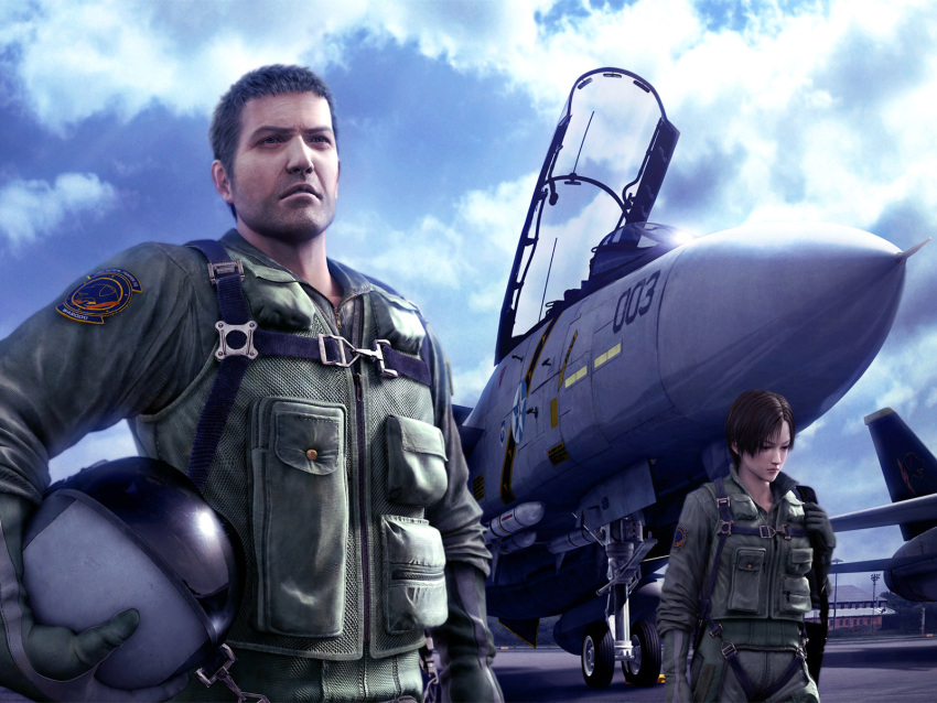 1boy 1girl 3d ace_combat ace_combat_5 aircraft airplane blue_sky clouds f-14 fighter_jet headwear_removed helmet helmet_removed highres jack_bartlett jet kei_nagase official_art sky