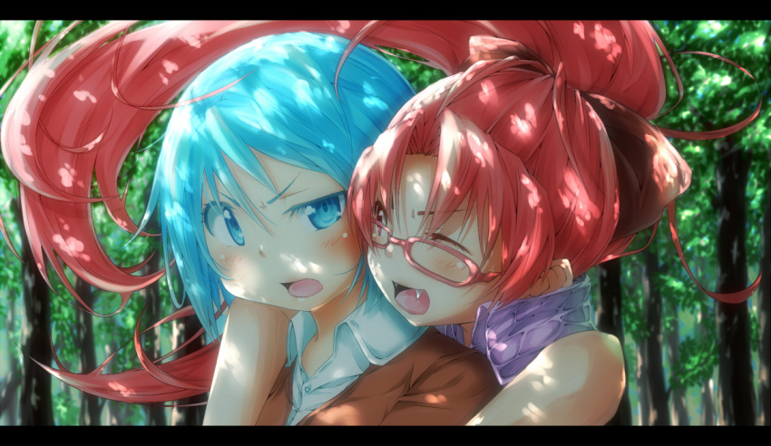 2girls ;d annoyed bespectacled blue_eyes blue_hair bow casual fang forest glasses hair_bow hug hug_from_behind letterboxed long_hair mahou_shoujo_madoka_magica miki_sayaka multiple_girls nature open_mouth ponytail red_eyes redhead sakura_kyouko shade short_hair smile tree wink xxxx