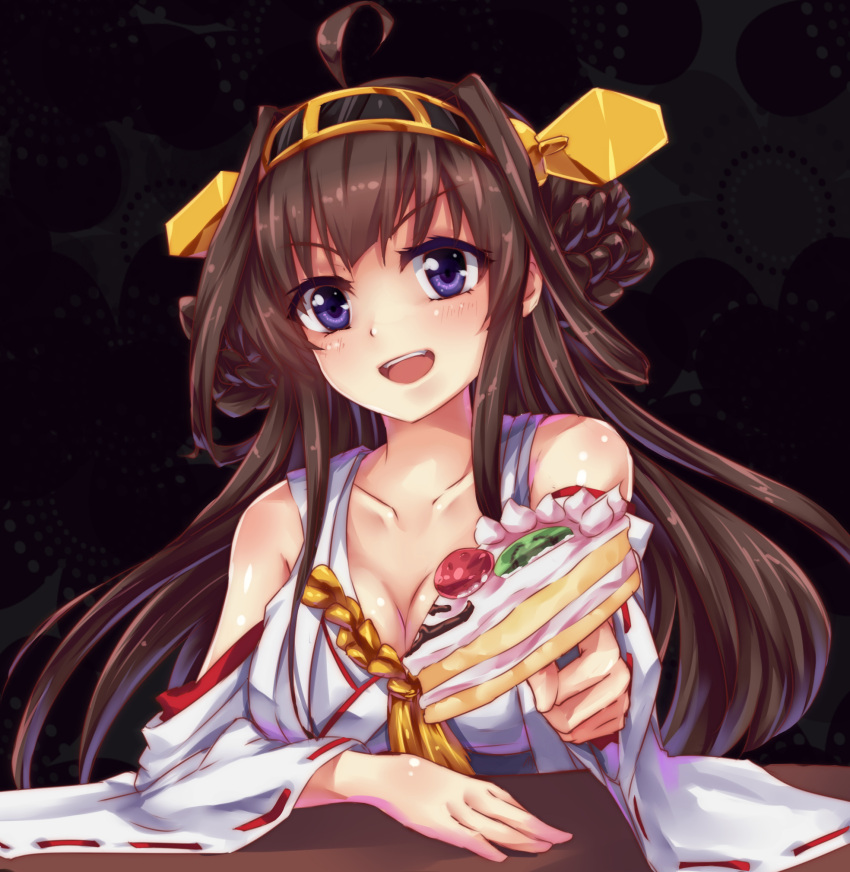 1girl ahoge blue_eyes braid breasts brown_hair cake cleavage dedeyong detached_sleeves feeding food fruit hairband highres japanese_clothes kantai_collection kongou_(kantai_collection) long_hair looking_at_viewer open_mouth personification solo strawberry wide_sleeves