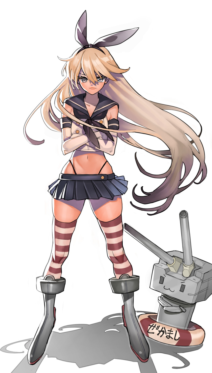 &gt;:3 1girl :3 aruterra black_panties blonde_hair boots crossed_arms elbow_gloves gloves grey_eyes gunbuster_pose hair_ornament hairband highres hip_lines innertube kantai_collection knees long_hair looking_at_viewer midriff miniskirt navel panties personification pleated_skirt rensouhou-chan sailor_collar shadow shimakaze_(kantai_collection) skirt striped striped_legwear thighhighs toned turret underwear white_background white_gloves wind