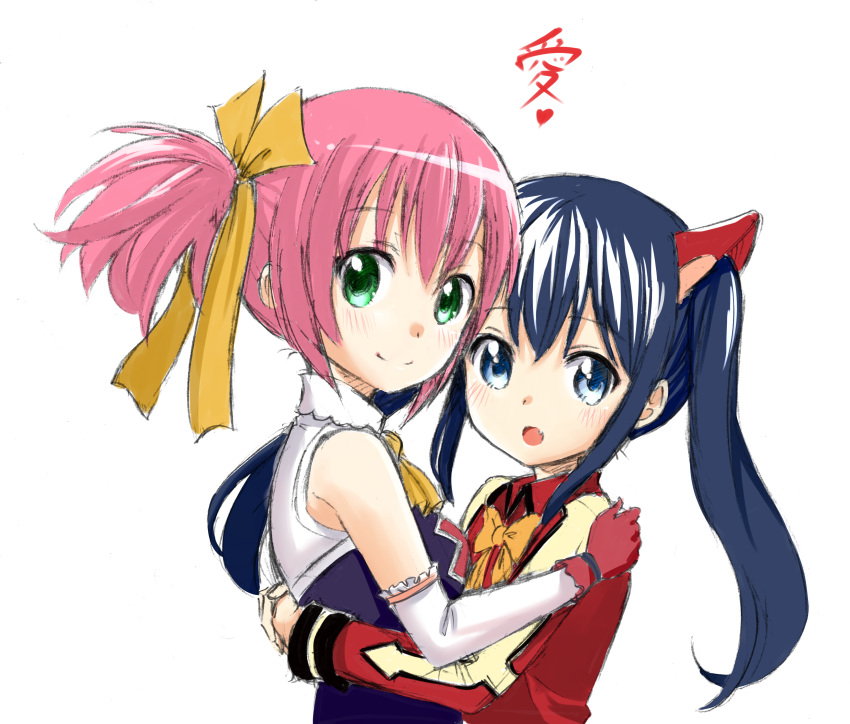 2girls absurdres blue_eyes blue_hair blush bow chelia_blendy elbow_gloves fairy_tail gloves green_eyes highres hug long_hair looking_at_viewer multiple_girls natsupa open_mouth pink_hair short_hair simple_background smile twintails wendy_marvell white_background