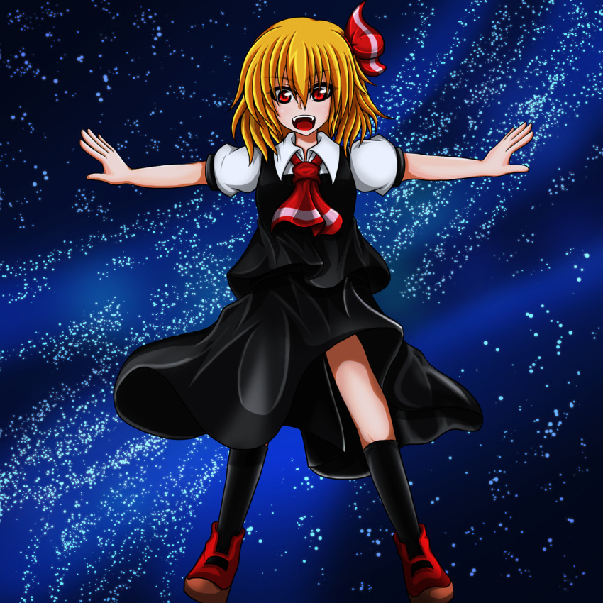 1girl blonde_hair fang flying hair_ribbon highres necktie night open_mouth outstretched_arms red_eyes ribbon rumia short_hair sky smile spread_arms star_(sky) starry_sky suikyou_(aqua_cities) touhou vest