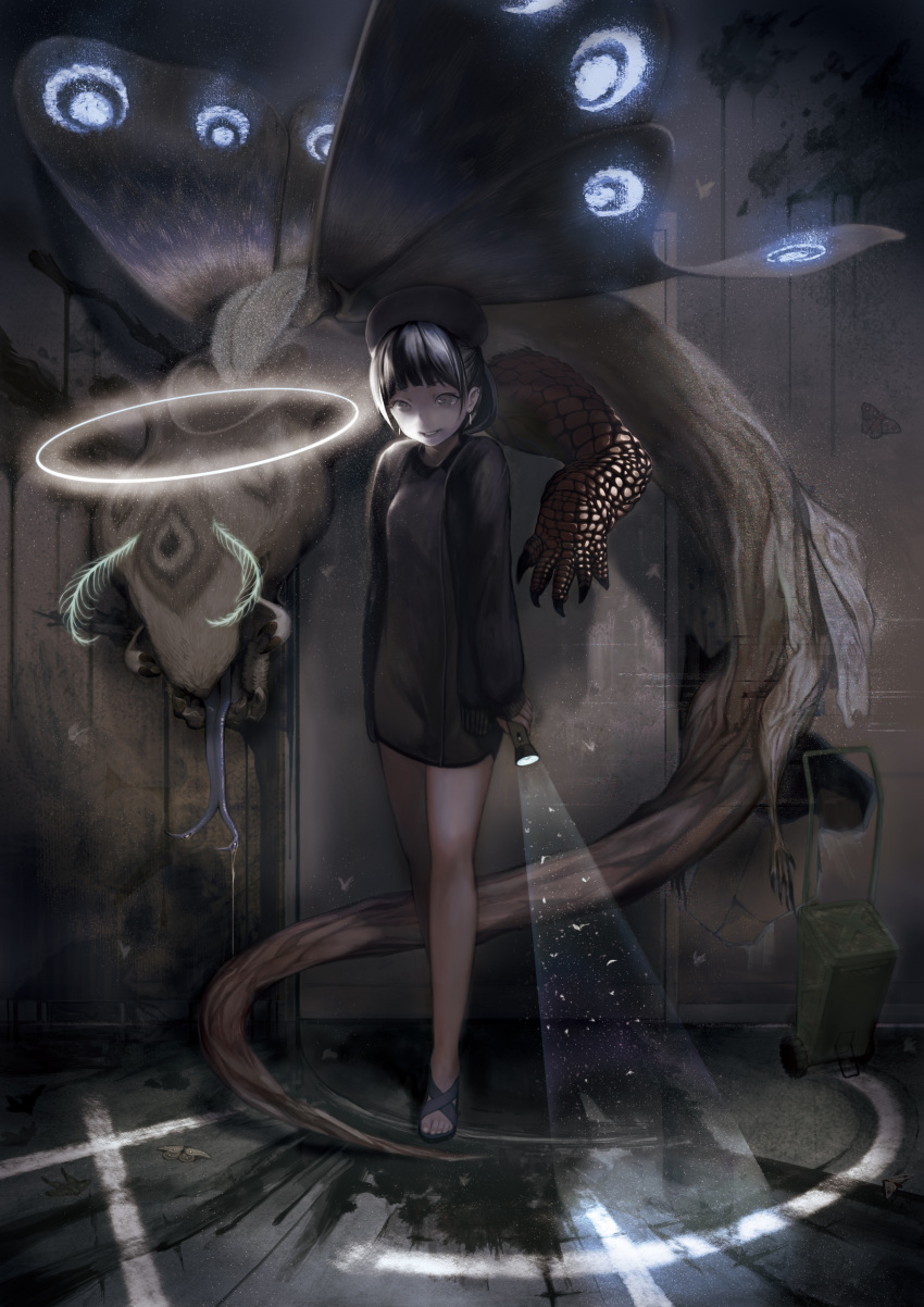 absurdres antennae black_eyes black_hair earrings flashlight forked_tongue halo hat highres jacket jewelry monster moth original sandals scales thinnesta toes tongue