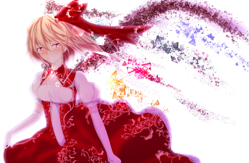 1girl alternate_costume blonde_hair blush breasts crying disintegration dress earrings elbow_gloves flandre_scarlet gloves glowing hair_ribbon highres jewelry light_smile looking_at_viewer necklace older otsunabe puffy_short_sleeves puffy_sleeves red_dress red_eyes ribbon shards short_hair short_sleeves side_ponytail simple_background skirt_hold slit_pupils solo streaming_tears tears touhou white_background wings