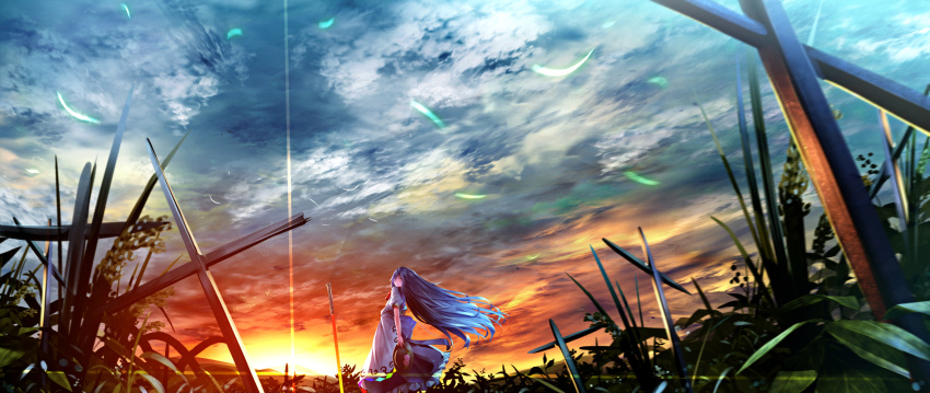 1girl blue_hair cloudy_sky dress food fruit grass hat hat_removed headwear_removed highres hinanawi_tenshi long_hair peach puffy_sleeves ryosios short_sleeves sky solo sword_of_hisou touhou very_long_hair white_dress