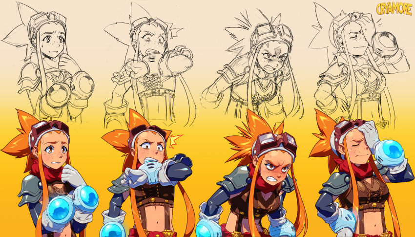 /\/\/\ 1girl angry bandana blush breasts concept_art crop_top cryamore cryamore_condenser detached_sleeves esmyrelda_maximus expressions facepalm freckles gloves goggles goggles_on_head highres long_hair midriff navel official_art orange_eyes orange_hair pauldrons payot robert_porter solo spiky_hair suspenders sweatdrop white_gloves