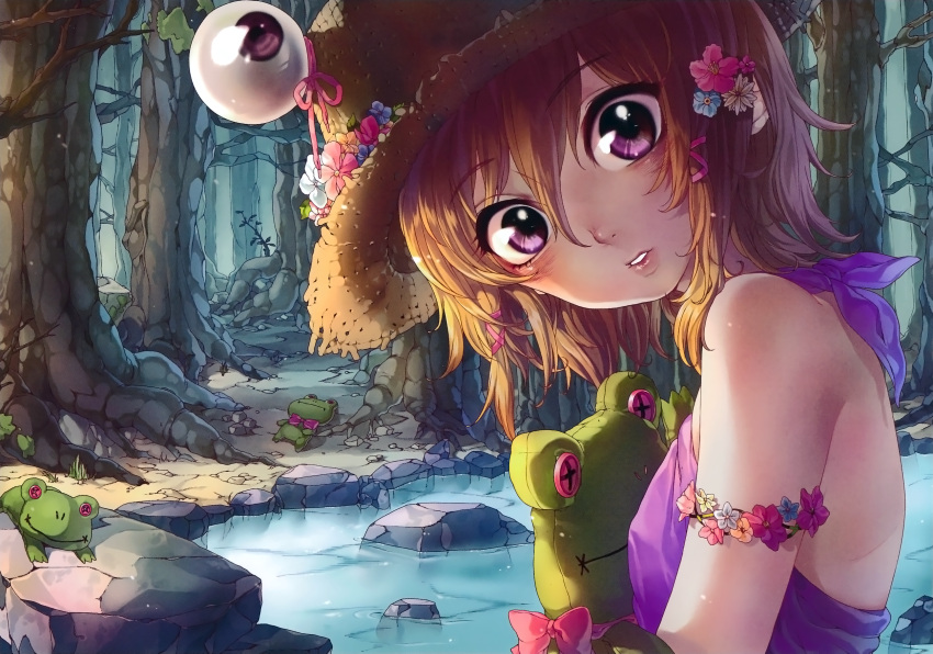 1girl armlet backless_outfit bare_shoulders blonde_hair flower forest hair_flower hair_ornament hair_ribbon hat hat_flower head_tilt highres lips looking_at_viewer moriya_suwako nature outdoors parted_lips path payot ribbon road rock rojiko scan short_hair solo stuffed_animal stuffed_frog stuffed_toy touhou violet_eyes water wide-eyed