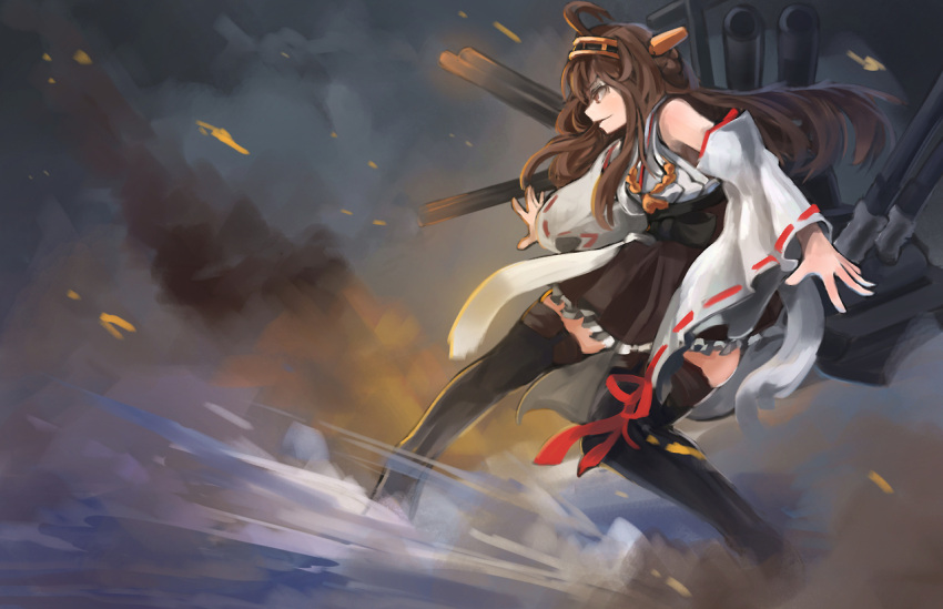 1girl ahoge arceonn battle black_lady brown_hair cannon detached_sleeves hairband headgear japanese_clothes kantai_collection kongou_(kantai_collection) long_hair personification skirt solo thighhighs wide_sleeves