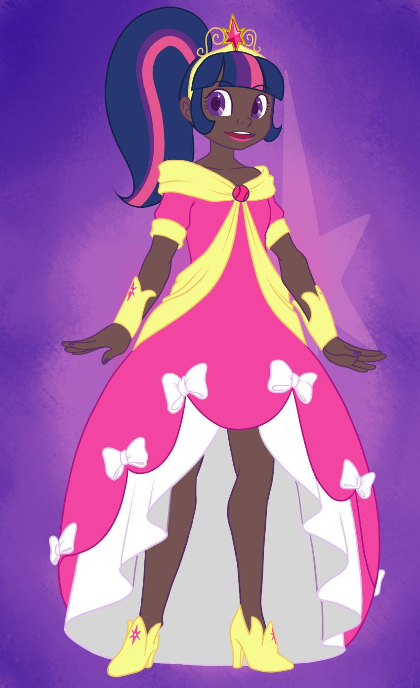 1girl bow dark_skin dress high_heels highres humanization junk_(junko-tan) lips multicolored_hair my_little_pony my_little_pony_friendship_is_magic nail_polish open_mouth personification pink_hair ponytail purple_hair smile solo spoilers standing tiara twilight_sparkle violet_eyes