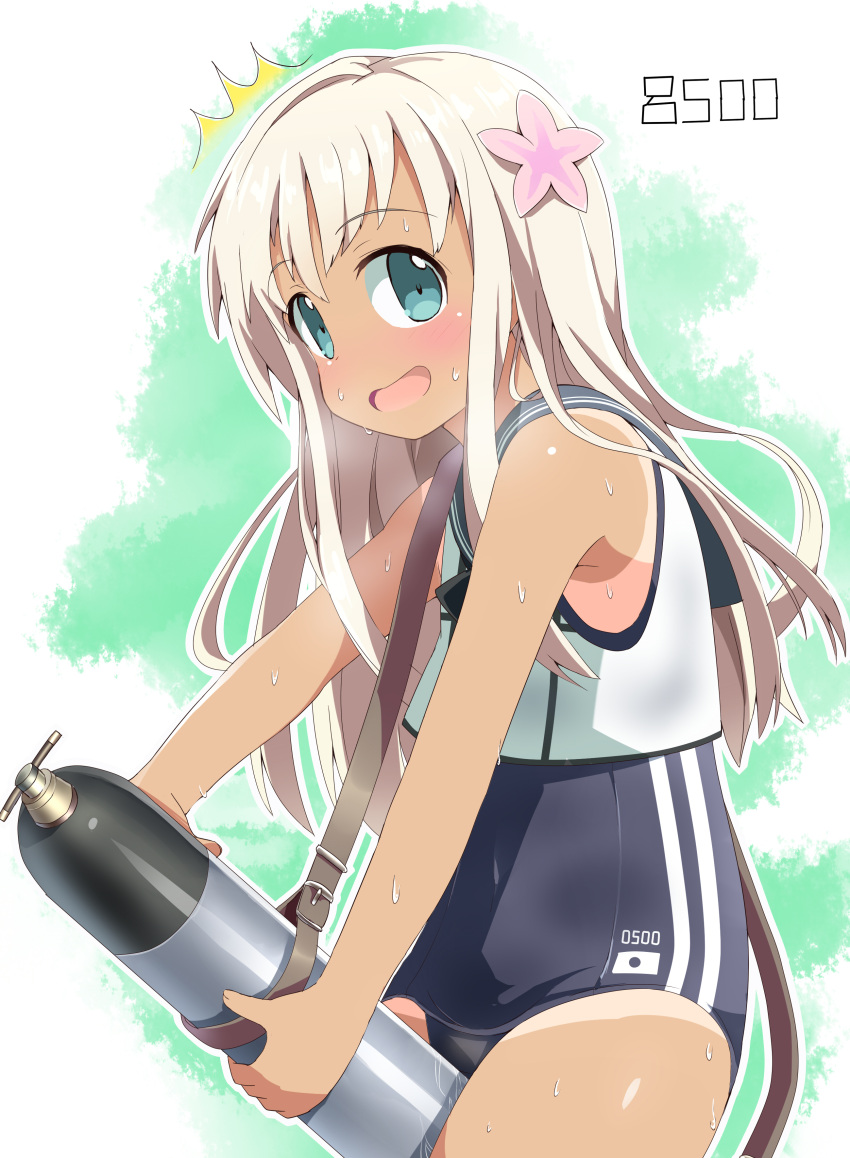 /\/\/\ 1girl absurdres aqua_eyes bare_shoulders between_legs blonde_hair blush character_name crop_top flower hair_flower hair_ornament hayasit highres kantai_collection long_hair one-piece_swimsuit one-piece_tan open_mouth outline ro-500_(kantai_collection) school_swimsuit school_uniform serafuku solo surprised swimsuit tan tanline torpedo u-511_(kantai_collection) wet