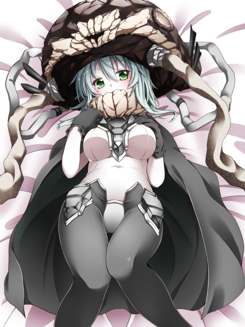 1girl absurdres black_gloves blush bodysuit breasts cape gloves green_eyes highres kantai_collection large_breasts looking_at_viewer lying monster on_back open_mouth pale_skin personification shinkaisei-kan silver_hair solo wakagi_repa wo-class_aircraft_carrier