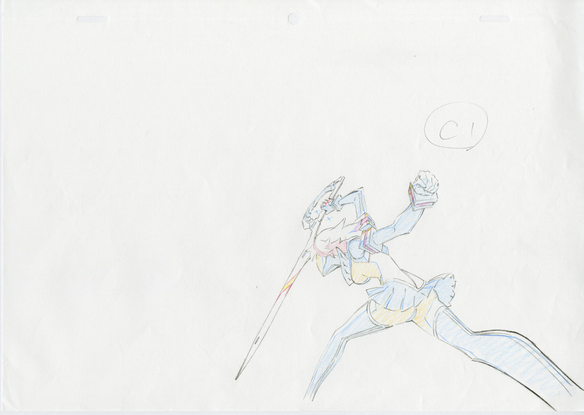 1girl attack attacking boots commentary hair highres key_frame kill_la_kill matoi_ryuuko official_art partially_colored production_art revealing_clothes school_uniform scissors serafuku shirt short_hair signature sketch skirt student thigh_boots thighhighs trigger_(company) uniform white_background