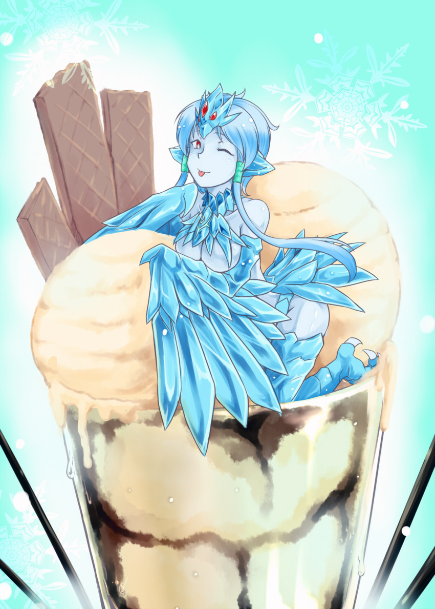 1girl ;p anivia blue_hair blue_skin breasts chocolate food glass harpy highres ice_cream kneeling league_of_legends monster_girl nam_(valckiry) parfait personification red_eyes shiny shiny_skin short_hair snowflakes talons tongue tongue_out wafer wings wink