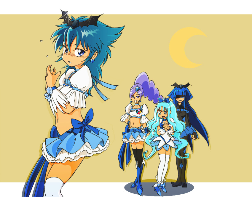 4girls aono_miki bad_end_beauty bad_end_precure blue_eyes blue_hair bodysuit boots choker color_connection cosplay crossover cure_berry cure_berry_(cosplay) cure_marine drill_hair earrings eyeshadow fresh_precure! frilled_skirt frills hair_ornament hairband heart heartcatch_precure! high_heels jewelry knee_boots kurumi_erika long_hair magical_girl makeup midriff multiple_girls navel nishijima_waon open_mouth ponytail precure purple_hair shirt side_ponytail skirt smile smile_precure! suite_precure thighhighs tiara tospal violet_eyes white_legwear wrist_cuffs zettai_ryouiki