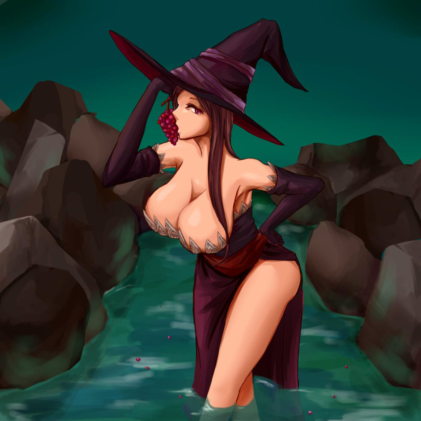1girl armpits bare_shoulders breasts cleavage dragon's_crown elbow_gloves food fruit gloves grapes hat highres huge_breasts long_hair oshugu red_eyes redhead solo sorceress_(dragon's_crown) thighs water witch_hat