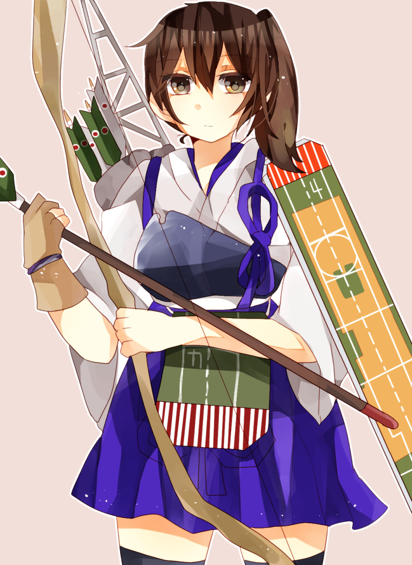 1girl brown_eyes brown_hair highres japanese_clothes kaga_(kantai_collection) kantai_collection long_hair mipe personification pleated_skirt side_ponytail skirt solo thighhighs