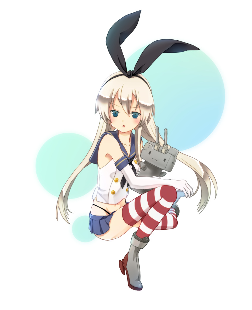 1girl blonde_hair bow elbow_gloves gloves green_eyes hair_bow highres kantai_collection long_hair personification pleated_skirt rensouhou-chan school_uniform serafuku shimakaze_(kantai_collection) skirt solo striped striped_legwear thighhighs