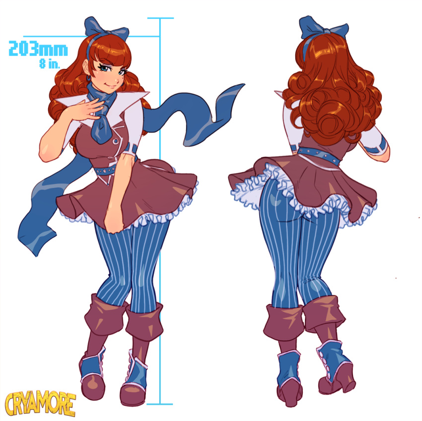 1girl ass belt bliss_barson blue_eyes blush boots bow breasts brown_hair concept_art cryamore curly_hair dress dress_tug earrings eyeshadow hair_bow hairband jewelry long_hair makeup mole pants pantyhose revision robert_porter scarf smile solo vertical_stripes