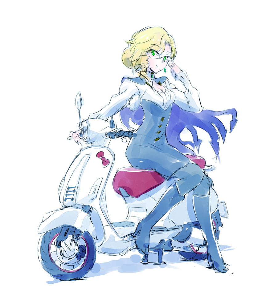 1girl blonde_hair cape earrings glasses glynda_goodwitch green_eyes highres iesupa jewelry motor_vehicle necklace rwby scooter sitting smile solo vehicle