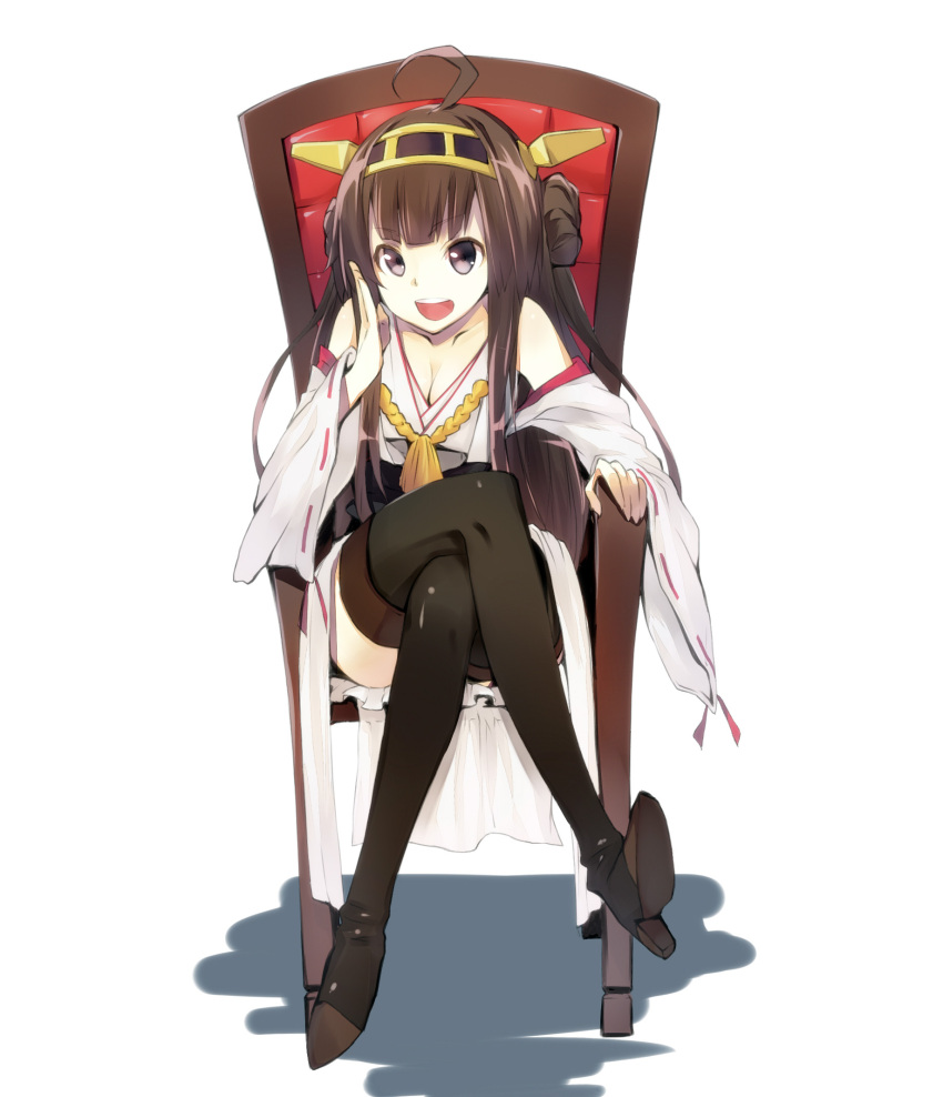 1girl ahoge bare_shoulders boots brown_hair detached_sleeves double_bun hair_ornament hairband headgear highres japanese_clothes kantai_collection kongou_(kantai_collection) long_hair looking_at_viewer merumayu personification skirt solo thigh_boots thighhighs violet_eyes white_background wide_sleeves