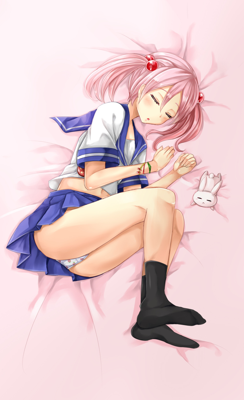 1girl hair_ornament highres kantai_collection on_bed personification pink_hair sazanami_(kantai_collection) sleeping solo tokoya twintails
