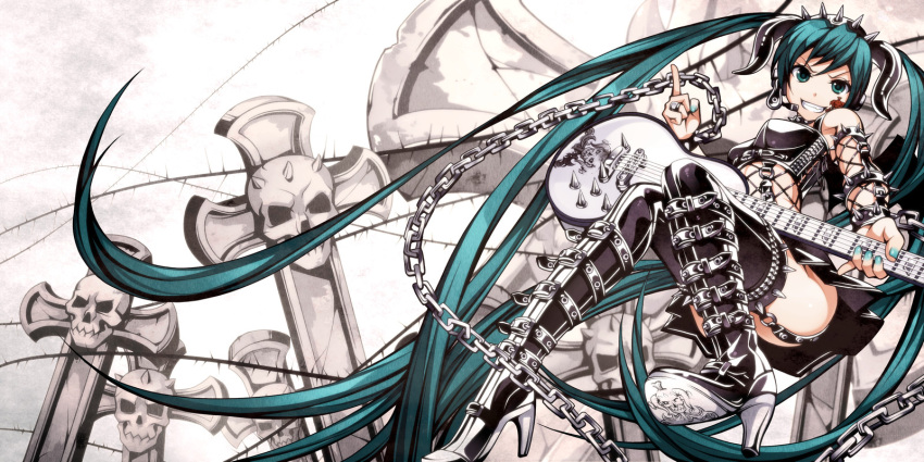 1girl aqua_eyes aqua_hair bare_shoulders boots chain collar detached_sleeves dominatrix electric_guitar facial_tattoo garter_straps guitar hatsune_miku headset high_heels highres horns instrument jewelry leather long_hair looking_at_viewer nail_polish ring shoes skirt smile solo spike tattoo thigh_boots thighhighs torigoe_takumi twintails very_long_hair vocaloid