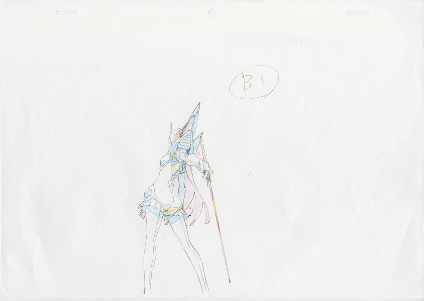 1girl armor armored_dress breasts commentary elbow_gloves gloves hair highres junketsu key_frame kill_la_kill kiryuuin_satsuki large_breasts long_hair official_art partially_colored production_art shirt simple_background sketch solo student sword trigger_(company) uniform very_long_hair weapon white_background white_gloves white_legwear
