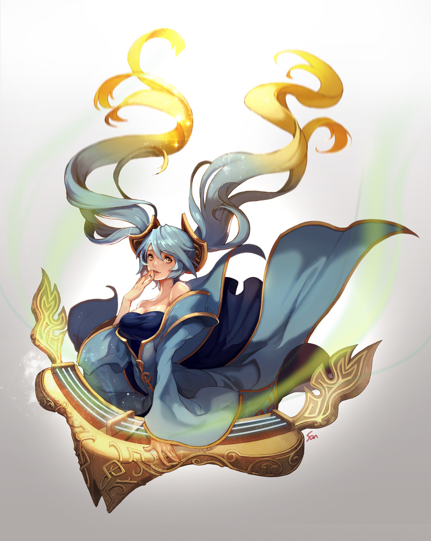 1girl aqua_hair bare_shoulders breasts cleavage cropped_legs hair_ornament hand_to_own_mouth highres instrument large_breasts league_of_legends lips long_hair nawol solo sona_buvelle twintails very_long_hair yellow_eyes