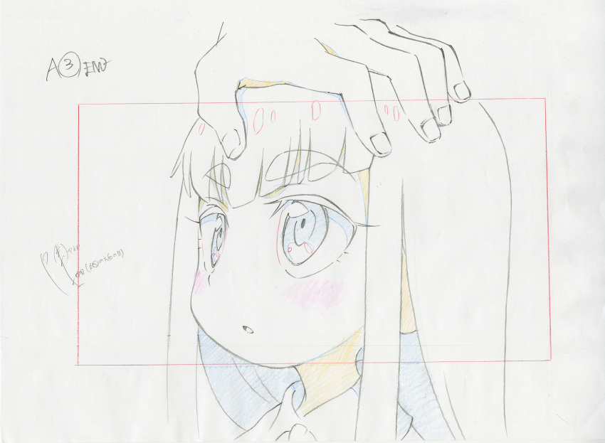 1girl :o artist_request blush confused hair key_frame kill_la_kill kiryuuin_satsuki long_hair official_art partially_colored petting production_art shirt signature sketch solo trigger_(company) white_background younger