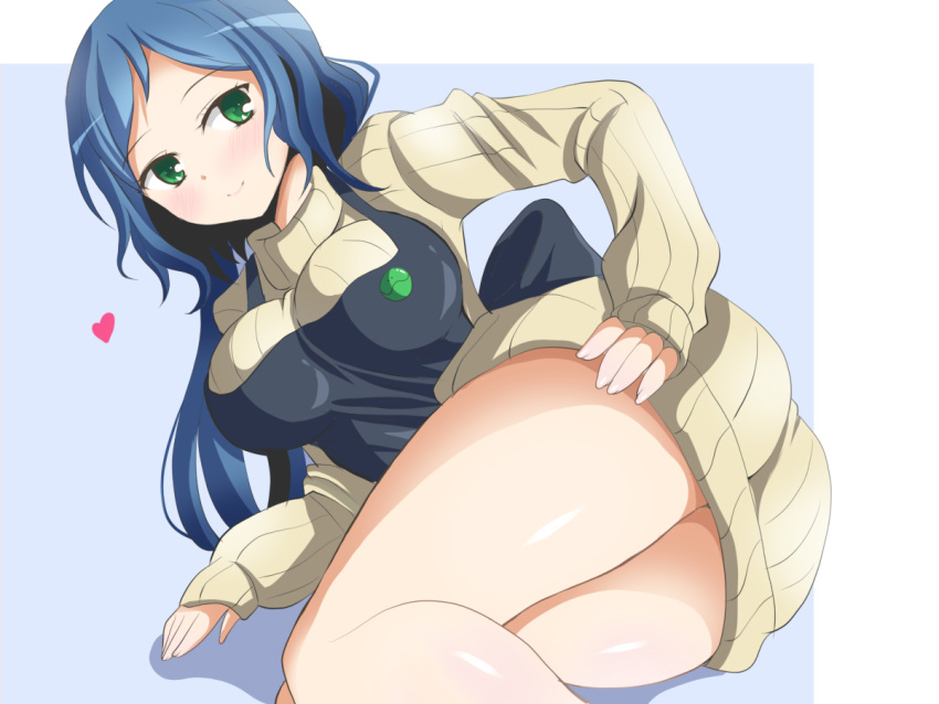 1girl apron blue_background blue_hair breasts deego_(omochi_bazooka) green_eyes gundam gundam_build_fighters haro_button_badge iori_rinko long_hair lying on_side ribbed_sweater simple_background solo sweater thighs turtleneck very_long_hair