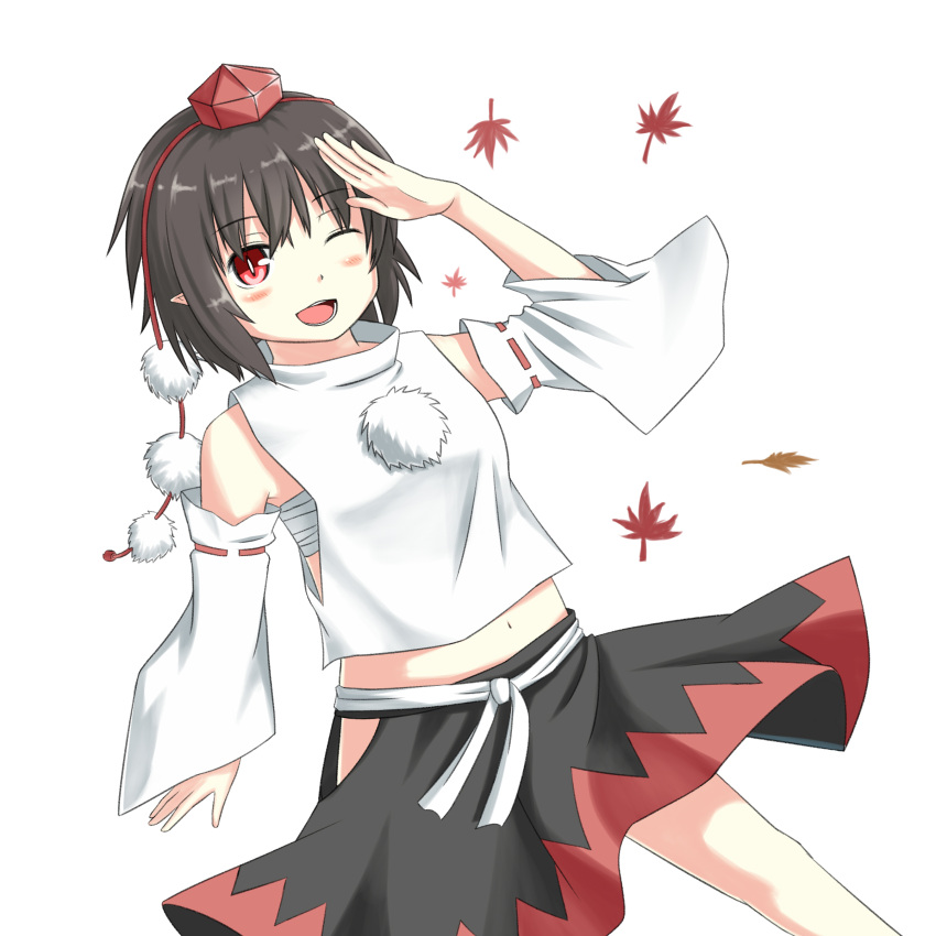1girl absurdres black_hair blush_stickers cosplay detached_sleeves dutch_angle hat highres inubashiri_momiji inubashiri_momiji_(cosplay) leaf looking_at_viewer maple_leaf midriff navel open_mouth oruhuru pointy_ears pom_pom_(clothes) red_eyes salute sarashi shameimaru_aya short_hair simple_background skirt slit_pupils solo tokin_hat touhou white_background wink