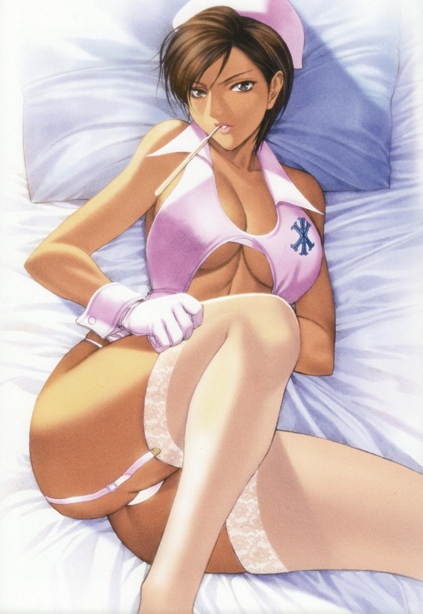 1girl absurdres anesthesia black_eyes breasts brown_hair cleavage female garter_straps gloves hat highres homare_(fool's_art) looking_at_viewer lying mouth_hold nurse nurse_cap on_back panties pillow rumble_roses scan short_hair solo thermometer thighhighs underboob underwear white_legwear white_panties wrist_cuffs
