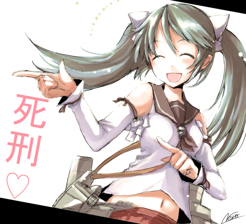 1girl bow closed_eyes derivative_work detached_sleeves green_hair hair_bow isuzu_(kantai_collection) kantai_collection kuronuko_neero long_hair long_sleeves personification pointing school_uniform serafuku smile solo twintails