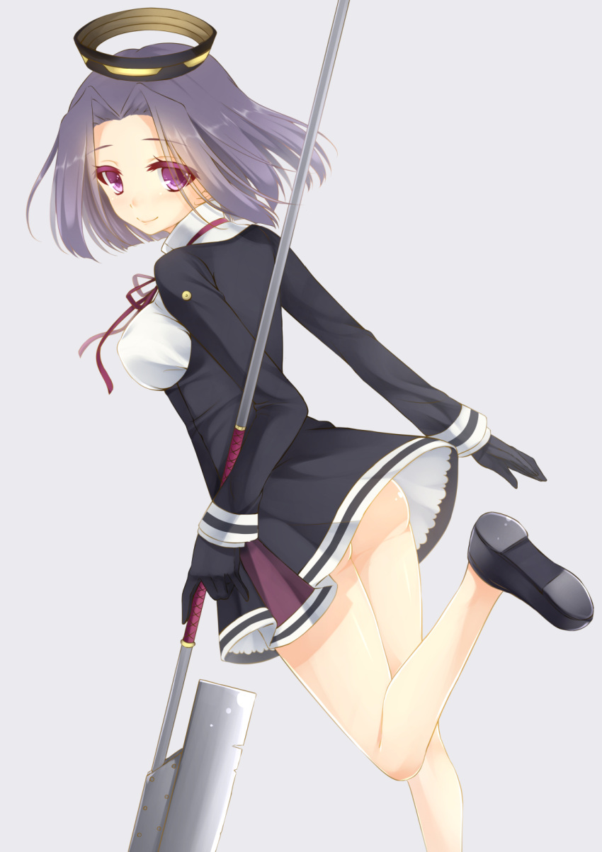 1girl breasts dress female highres kantai_collection looking_at_viewer looking_over_shoulder mechanical_halo miko_92 personification purple_hair school_uniform short_hair skirt smile solo tatsuta_(kantai_collection) text violet_eyes
