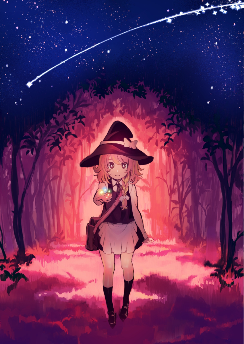 1girl apron bag blonde_hair bow dress_shirt forest hair_bow hat hat_ribbon highres kirisame_marisa kneehighs light long_sleeves looking_at_viewer monio nature necktie night open_hand outdoors outstretched_arm ribbon school_bag shirt shoes shooting_star short_hair sky smile solo star star_(sky) starry_sky touhou vest waist_apron witch_hat