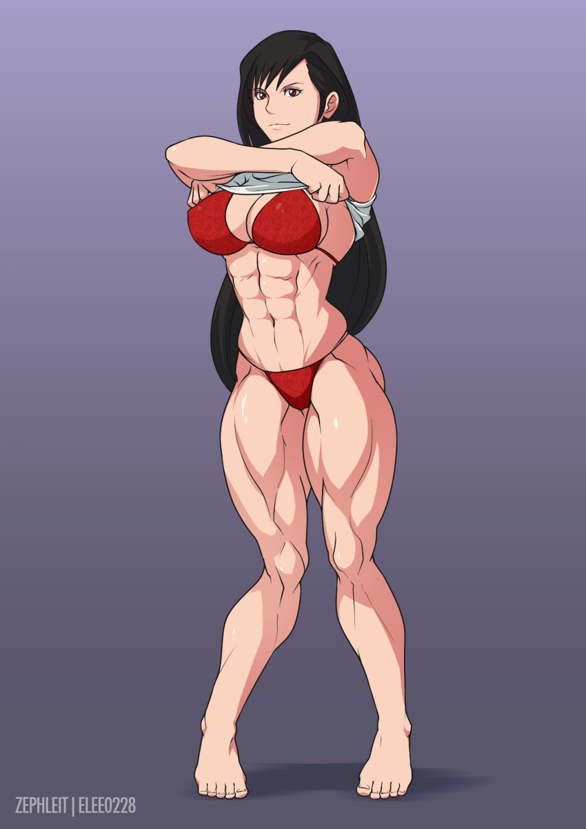 1girl abs barefoot bikini black_hair breasts brown_eyes final_fantasy final_fantasy_vii gradient gradient_background highleg highleg_bikini highleg_swimsuit highres large_breasts long_hair muscle navel red_bikini shirt_lift solo swimsuit thick_thighs thighs tifa_lockhart toes zephleit