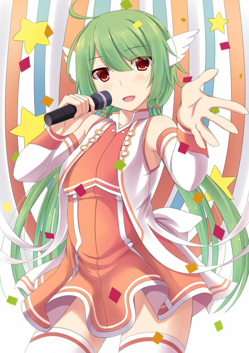 1girl ahoge detached_sleeves green_hair hair_ornament highres long_hair looking_at_viewer mizunashi_kenichi open_mouth original outstretched_hand red_eyes skirt skirt_set solo star thighhighs twintails white_legwear