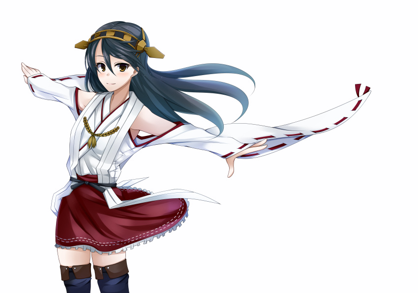 1girl absurdres ahoge bare_shoulders black_hair black_legwear boots brown_eyes detached_sleeves hair_ornament hairband haruna_(kantai_collection) headgear highres japanese_clothes kantai_collection kotohane long_hair looking_at_viewer personification pleated_skirt skirt solo thigh_boots thighhighs wide_sleeves zettai_ryouiki